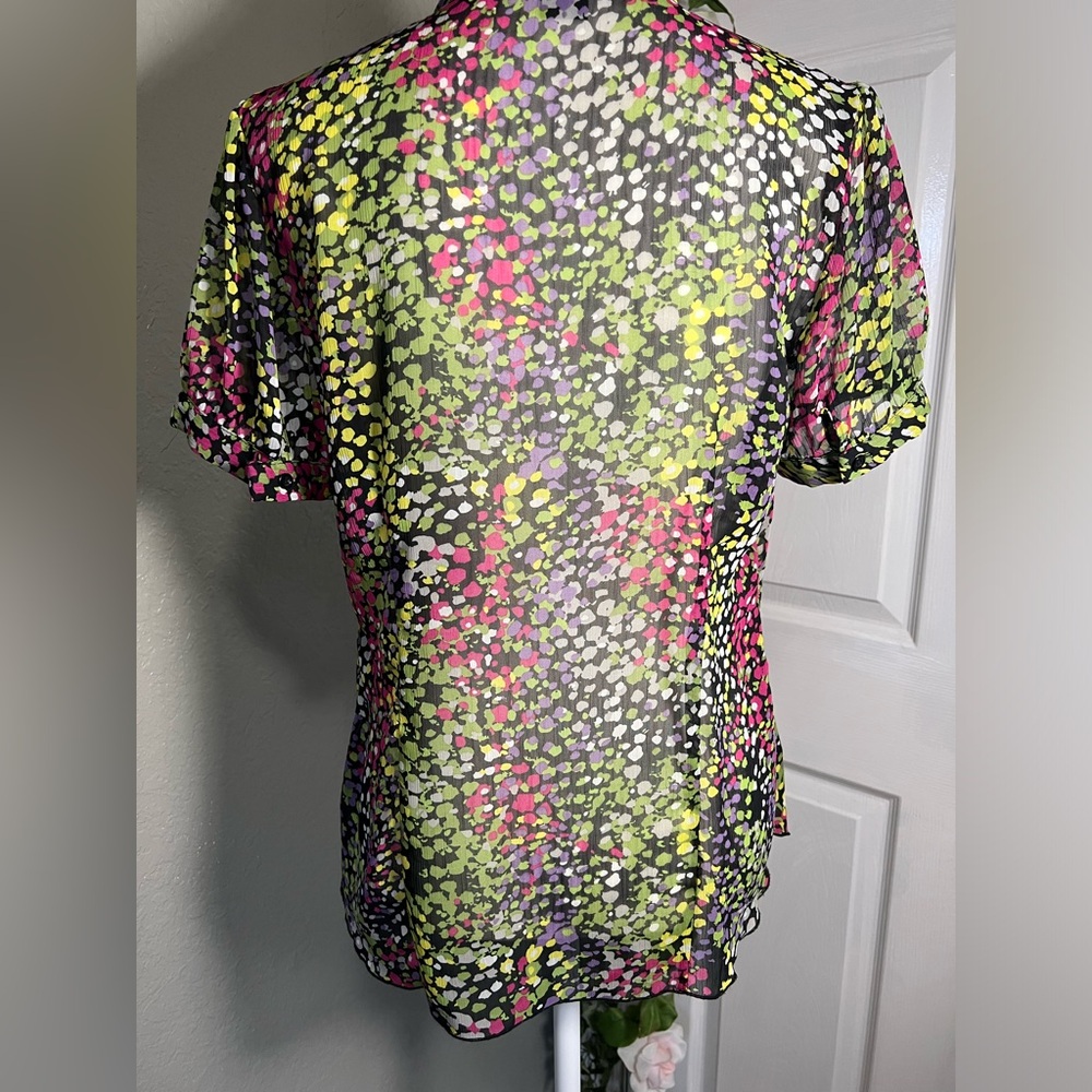 💫 Apostrophe short sleeve modest sheer ruffle front multicolor blouse - Picture 3 of 16